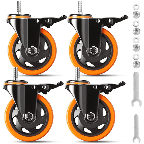 4 Inch Caster Wheels 2200Lbs, Threaded Stem Casters Set of 1/2"-13x1" Orange