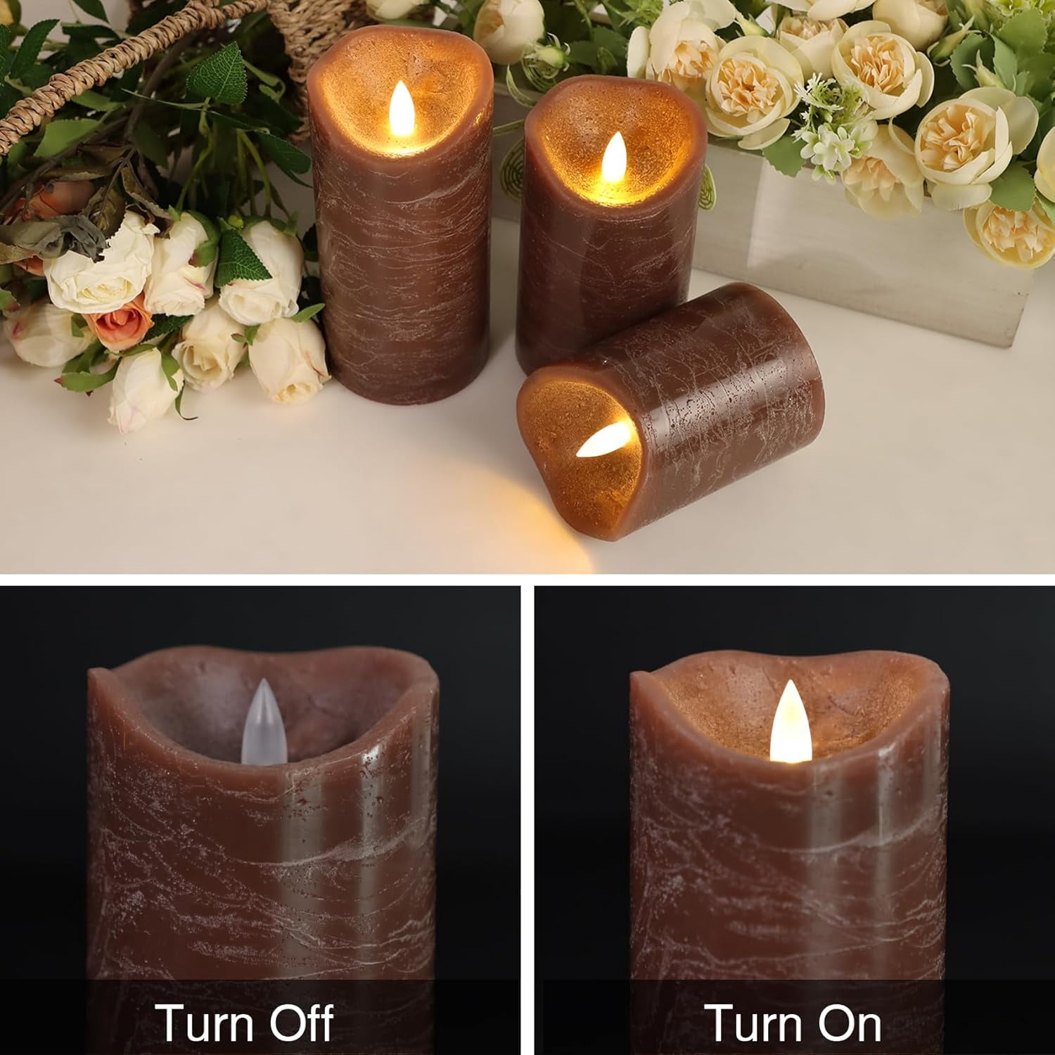 Brown Flameless Candles with Remote, Real Wax Battery Operated LED Candles, Flickering Flameless Pillar Candles for Wedding, Festival, Set of 3
