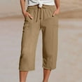 thumbnail image 2 of QIJUNTUO ​Women's Lightweight Linen Blend Cropped Trousers With Elastic Waist Pockets Summer 3/4 Length Casual Beach Pants​ Khaki, 2 of 6