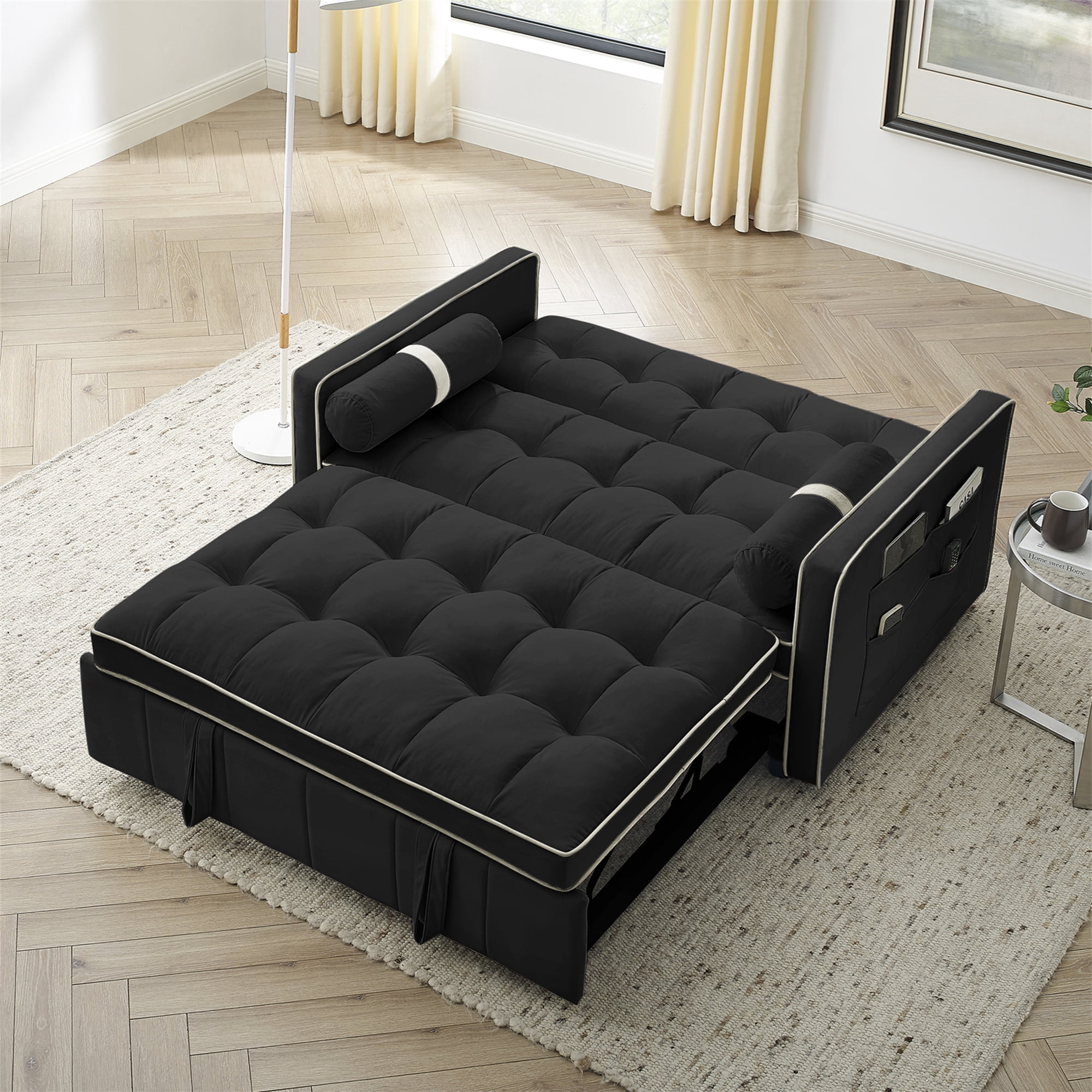 Aukfa Pull Out Sofa Bed, Tufted Convertible Sleeper Sofa Futon Sofa for Home Office, Velvet, Black