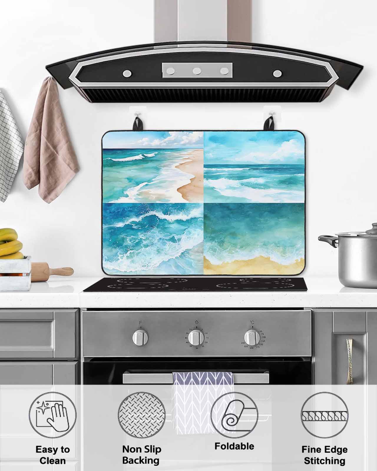 nqOlkjepod Large Induction Cooktop Protector Mat 24"x21", Turquoise Summer Beach Stove Top Covers for Electric Stove, Coastal Ocean Waves Nautical Stove Burner Cover Mats, Glass Top Stove Cover