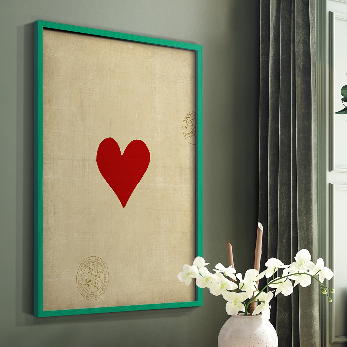 Small Heart Framed Print in Green Solid Wood Framed Print No Nail Hanging