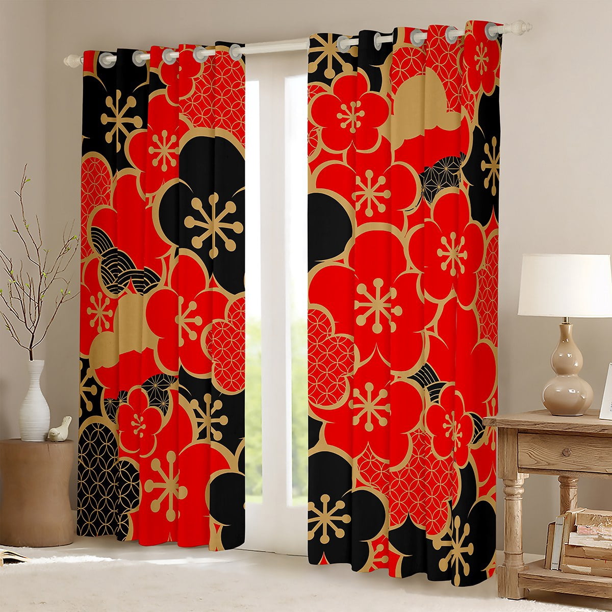Japanese-Style Curtains Women Cherry Blossoms Curtains & Drapes, Black and Red 30%-50% Blackout Curtains Girly Flower Floral Bedroom Curtains, Exotic Oriental Window Treatments
