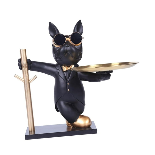 GUOOL Mignon Chien Statue Plateau de Rangement Porte-Clé Plateau de Fruits Résine Figurine Sculpture Bureau Noir