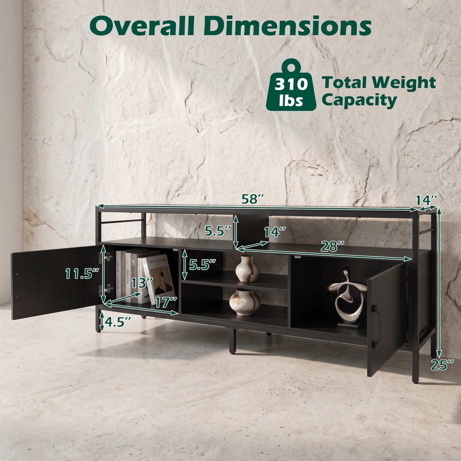 Furnibear 58 Inch Industrial TV Stand for TVs up to 65 Inch, Wood Entertainment Center Media Console with 2 Cabinets, 4 Open Shelves and Adjustable Middle Shelf, Black