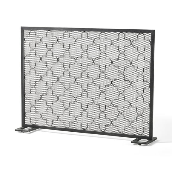GDF Studio Pepperwood Modern Single Panel Iron Fireplace Screen, Black Brushed Silver
