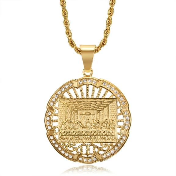 NEGS 18K Gold Plated Lord's Supper Pendant 24'' Chain The Last Supper Jesus with His Disciples Christian Prayer Stainless Steel Necklace for Men Women