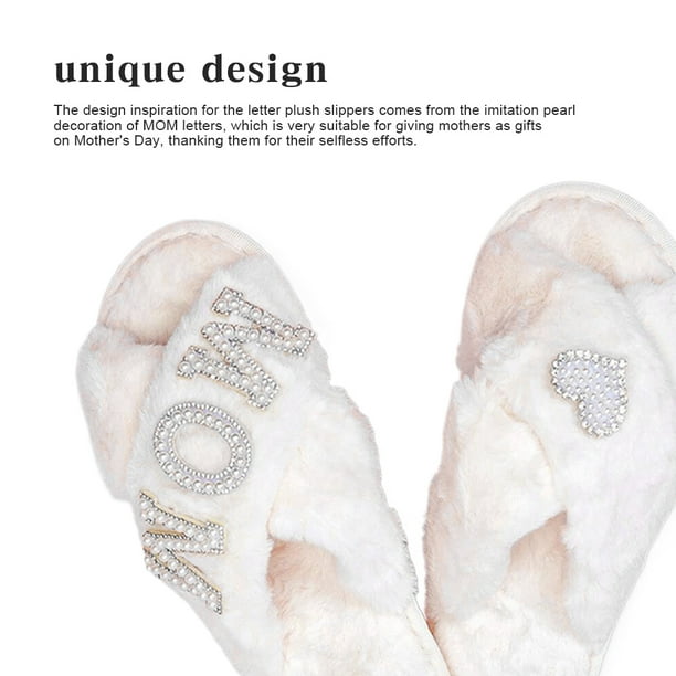 Zapatillas peludas con letras de perlas para mamá zapatillas antideslizantes para regalo del Día de la madre zapatillas informales suaves y cálidas para casa interior o exterior