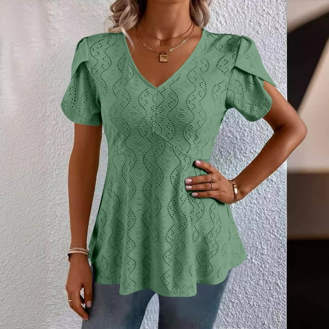 Bonanza de Rabais, Blouse Haut à Manches Courtes Décontractée Unie pour Femmes à Col en V pour un Confort Décontracté, Incontournable Intemporel de la Garde-Robe/nylon, Spandex, Vert, Sopatenor