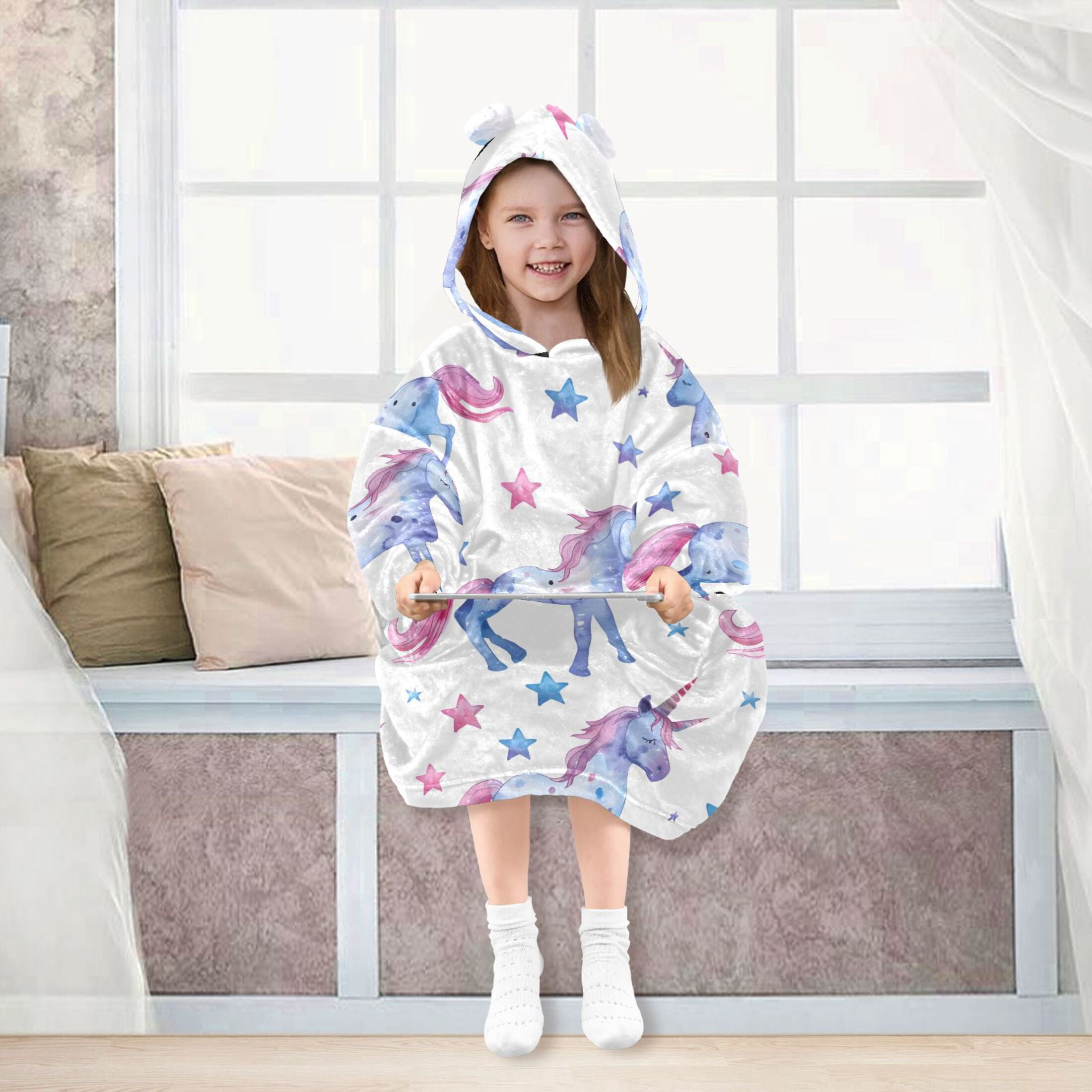 joogoo Wearable Blanket Hoodie for Kids Cute Unicorn and Stars Flannel Oversized Sweatshirt 3-14 Years M