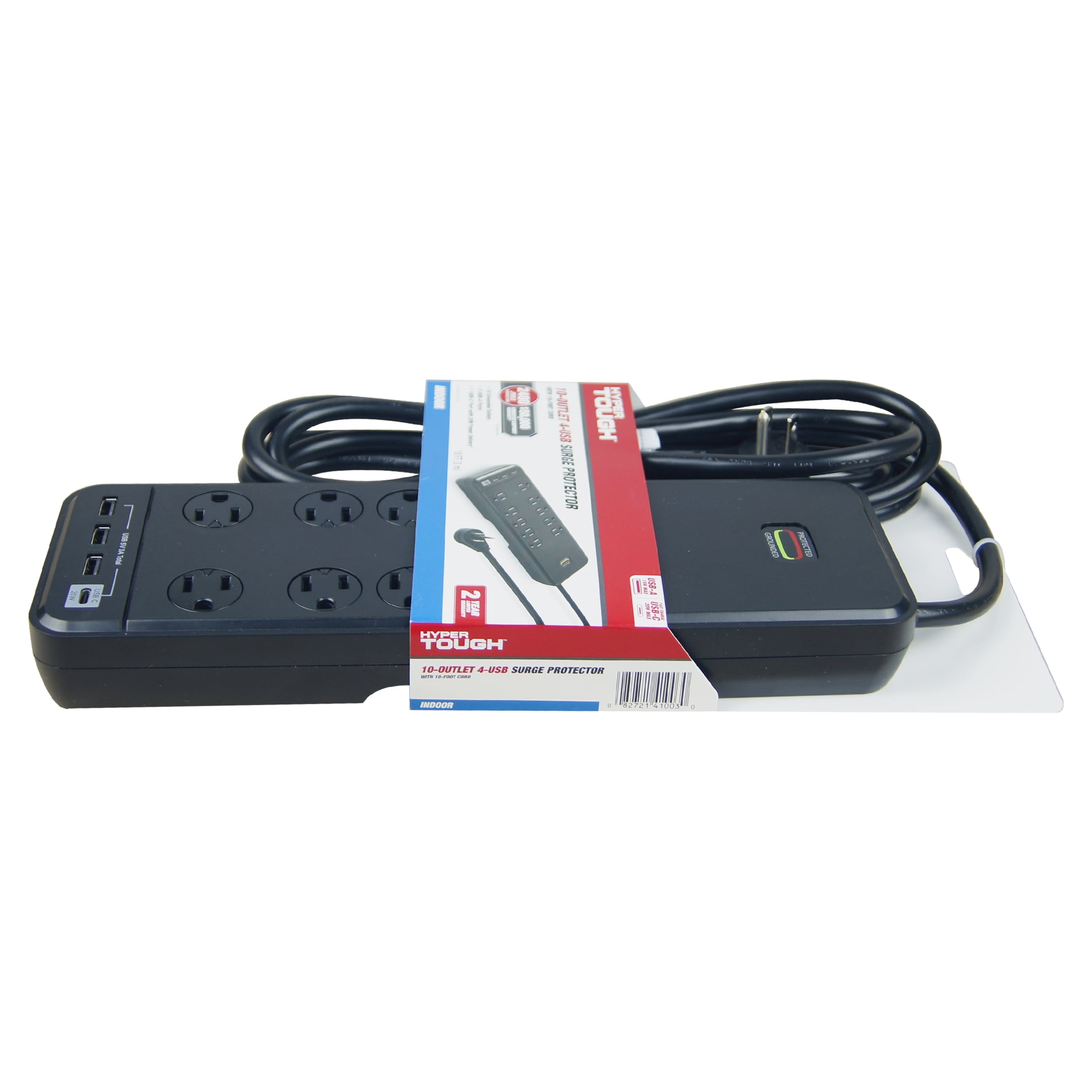 Hyper Tough Indoor 10-Outlet 10ft Surge Protector 2480-Joule Protection with 4 USB Ports, Black