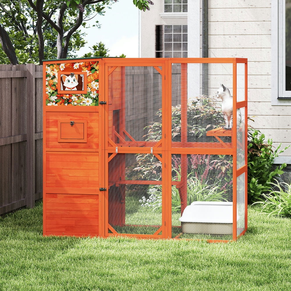 GVN Cat Enclosure, Cat Cage Cat House,4-Tier Window Design Outdoor Cat Catio with Weatherproof Roof, 2 Resting Rooms, 2 Platforms, Orange