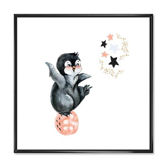 Designart 'Little Penguin With Planets and Stars II' Farmhouse Framed Canvas Wall Art Print