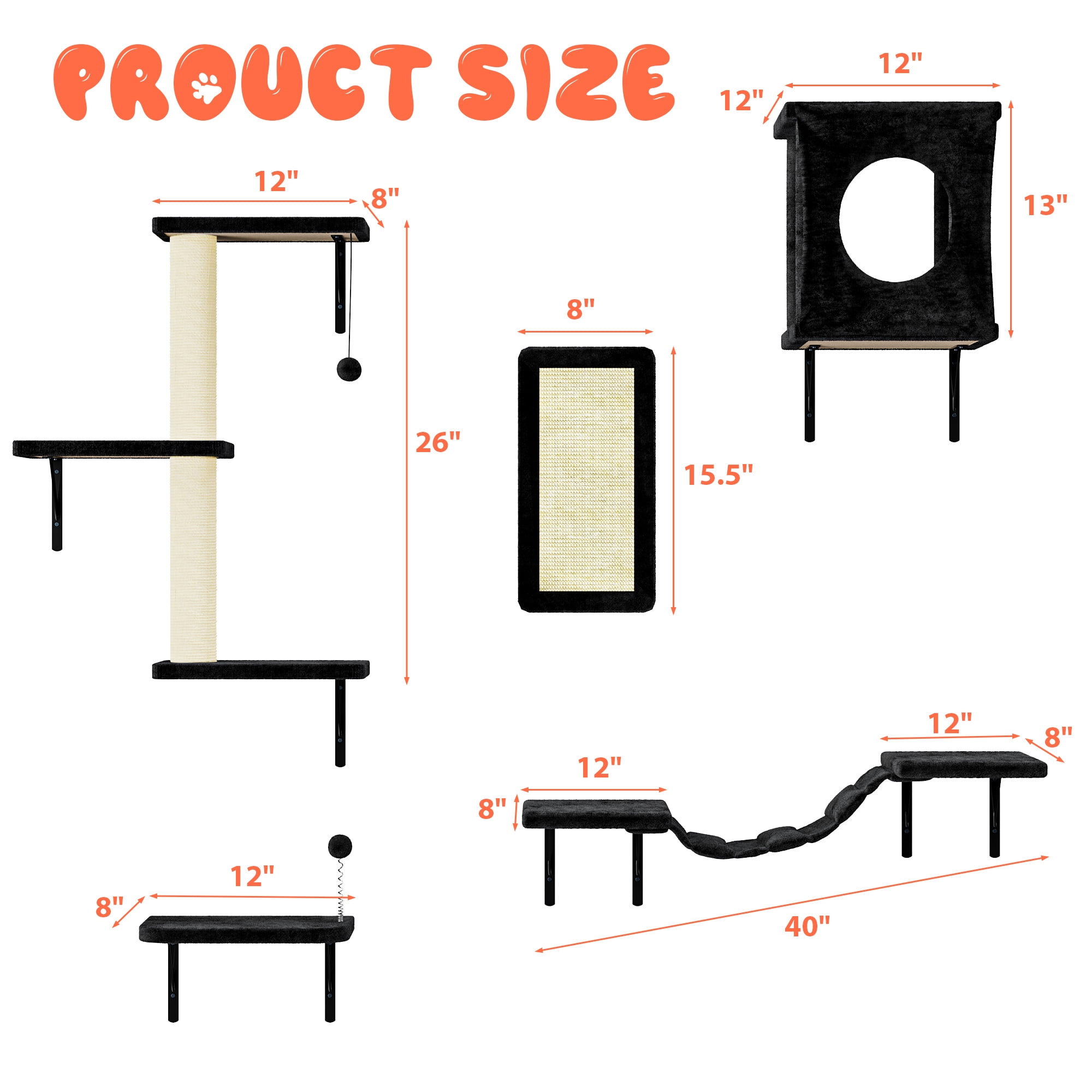 LHBCraft 5Pc Cat Wall Shelves Set, Black Wall-Mounted Cat Climber with Bridge & Perch