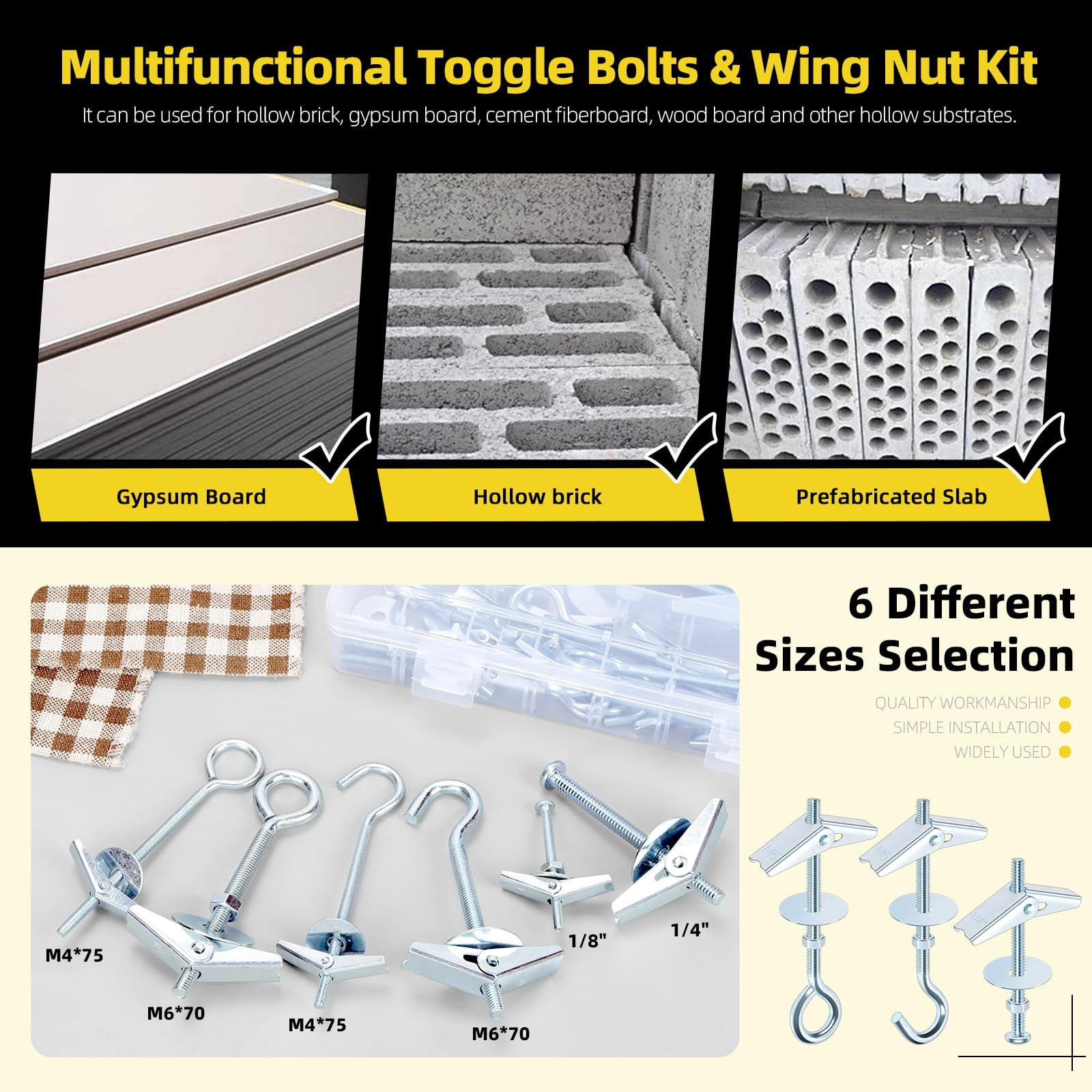 15Pcs M6 x 70mm Eye Bolt Toggle Bolt Assortment Kit, Spring Toggle Bolts Butterfly Anchors Butterfly Toggle Anchors, Heavy Duty Drywall Anchors with Wing Nut for Hanging Lamps Heavy Items