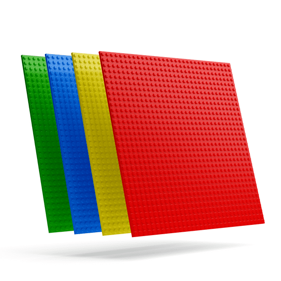 Minizfigs Classic 10" x 10" 2-Sided Building Brick Plate - Pack of 4 for Toy Bricks, Classroom, Display Table - Compatible with All Major Brands (Red, Green, Yellow, Blue)