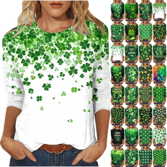Qingpeng St Patricks Day 3/4 Sleeve T Shirts for Women Shamrocks Graphic Crewneck Pullover Casual Loose Tops Size S-3XL