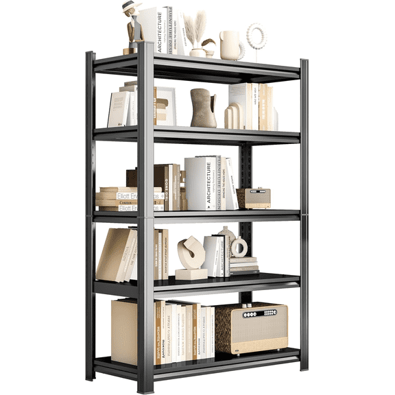 72''H BookShelf, 5-Tier Metal Bookshelves, Heavy Duty Steel Bookcases, Large Storage Capacity Adjustable Tall Industrial Bookshelf for Living Room, Bedroom and Study Room, Black (40''Wx16''D)