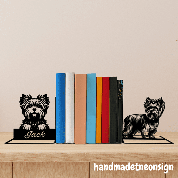 Handmadetneonsign Yorkshire Terrier Dog Metal Bookends Dog Name Bookend, Dog Table Bookshelf Decor 040992