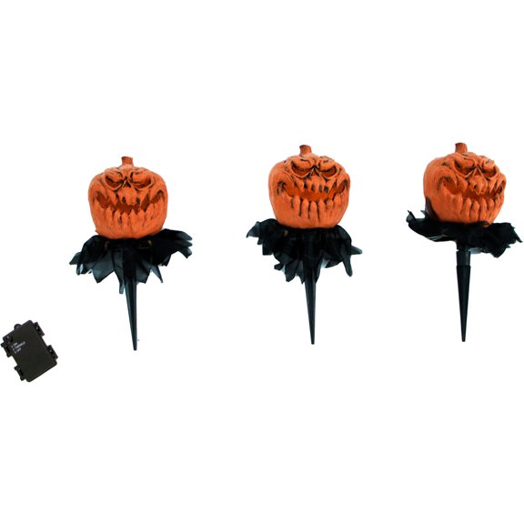 Haunted Hill Farm 11-In. Tall Light-Up Pumpkin Head Stakes, Set of 3, Outdoor Halloween Lawn Decoration, HHPUMP-1STL
