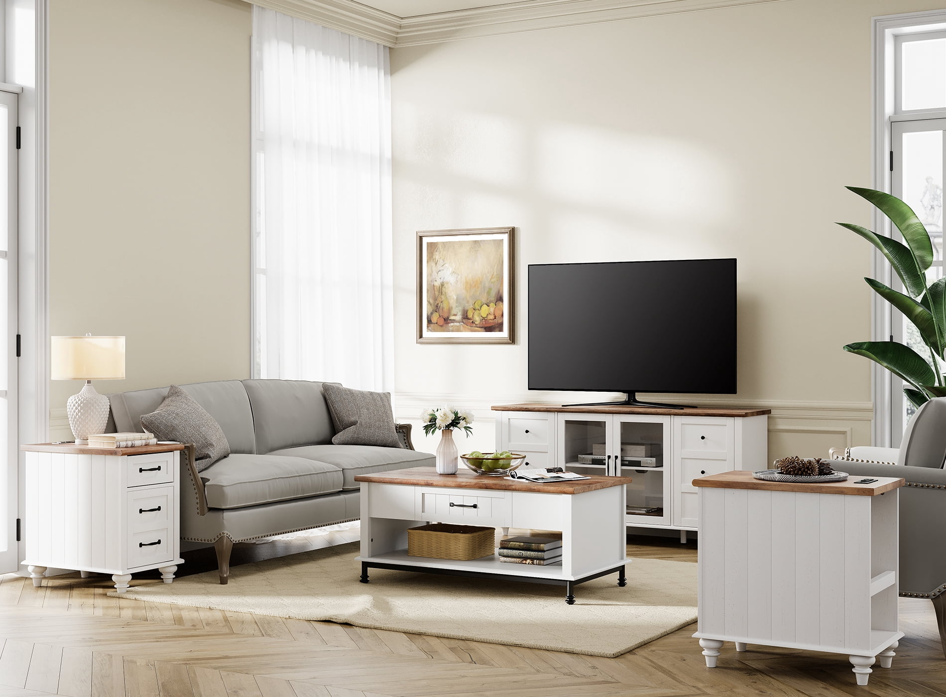 Blue Light Farmhouse White Glass&Wood Television Stand for 75 inch TV,Entertainment Center with 4 Storage Cabinets for Living Room
