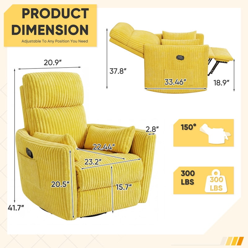 Furmax 360° Swivel Recliner Power Massage Rocker Chair Adult Glider Rocker with 2 Comfy Pillows for Nursery,Corduroy Yellow