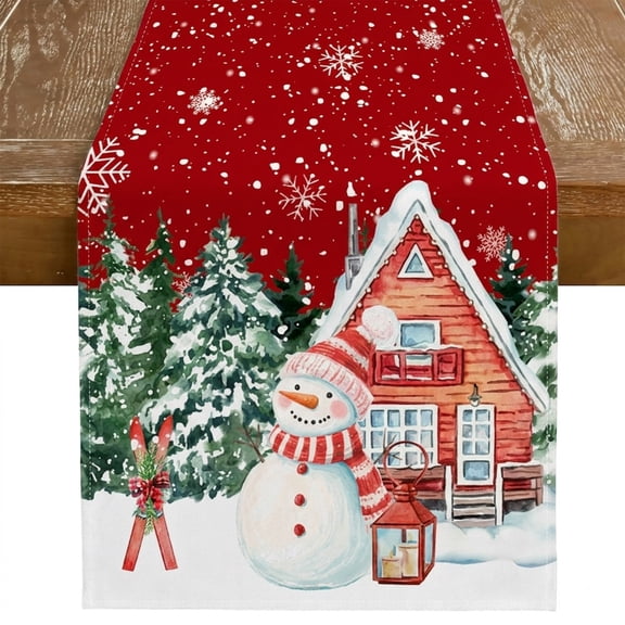 36x72in Red Snowman Cabin Christmas Table Runner for Holiday Table Decor