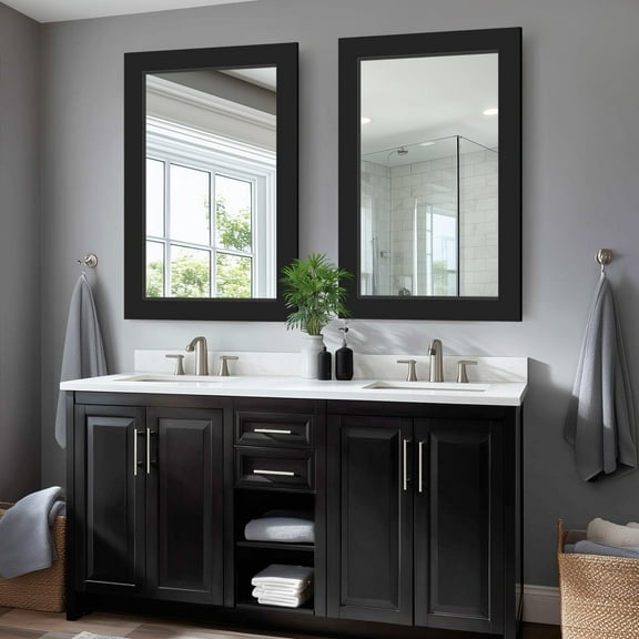 2pcs 36''x24'' Rustic Wall Mirror for Bathroom Black Wood Frame, Classic Rectangle Mirror Farmhouse Vanity Wall Mirror Decor Living Room, Bedroom, Entryway