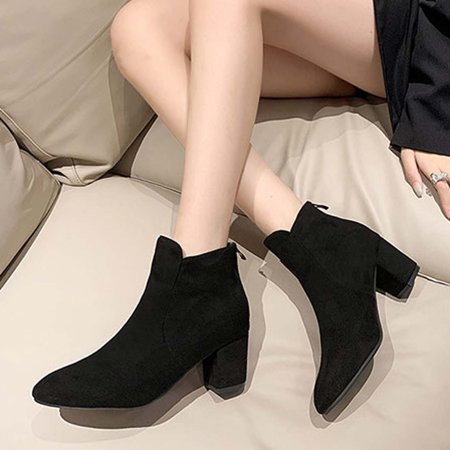 

Zedker Ladies Boots Wide Calf Boots for Women Knee High Women s Solid Color Flock Boots Chunky Heel High-Heels Short Boots Back Zipper Round-Toe Boots