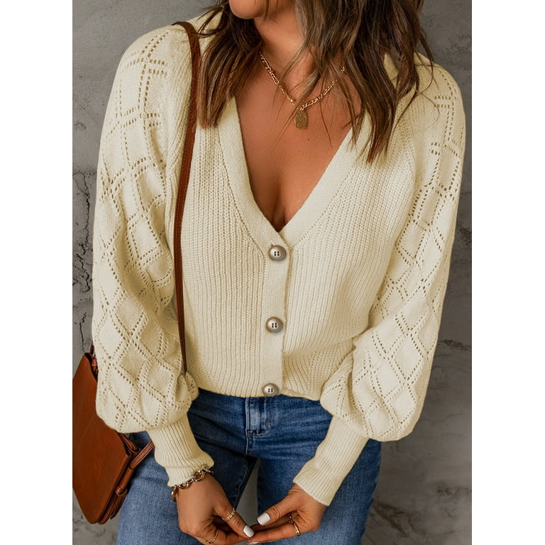 ZKESS Open Front Cardigan for Women Button Down V Neck Crochet Patchwork Long Sleeve Solid Knit Cardigan Sweaters Apricot S