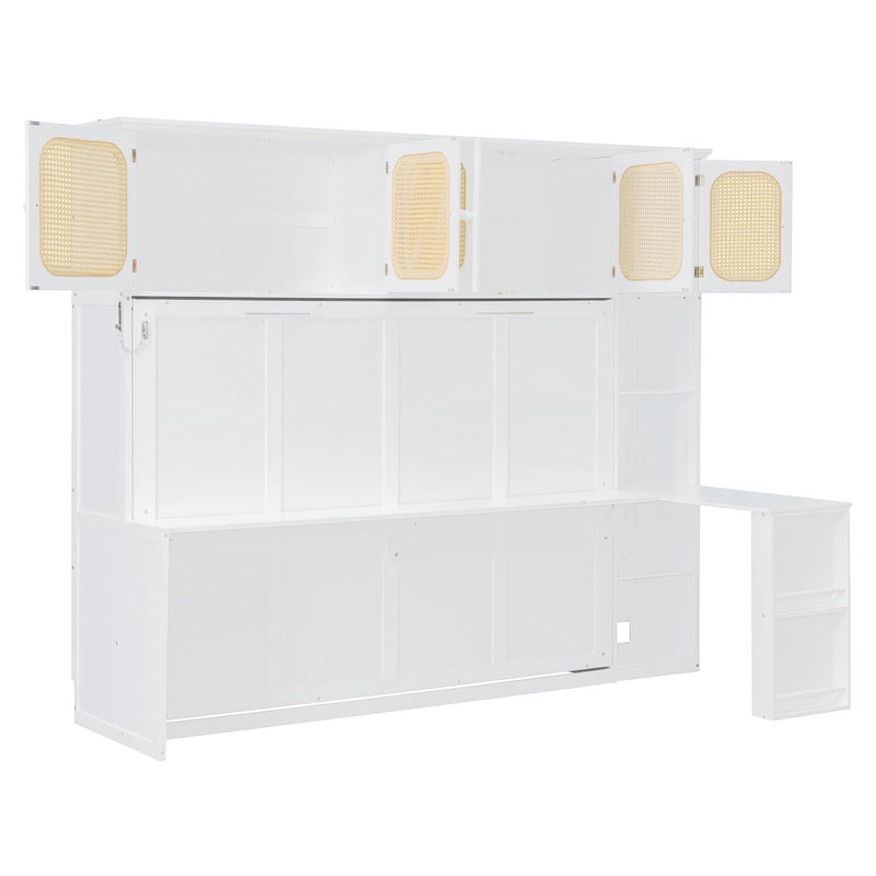 Full Size Murphy Bed with Desk and Open Shelf, Space-Saving Wall Folding Platform Bed Frame with Rattan-Door Cabinets