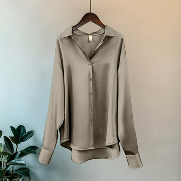 Oversized Tshirts for Women, Summer Sun Casual Loose Button Down Long Sleeve Solid Color Satin Shirt Top, Gray S