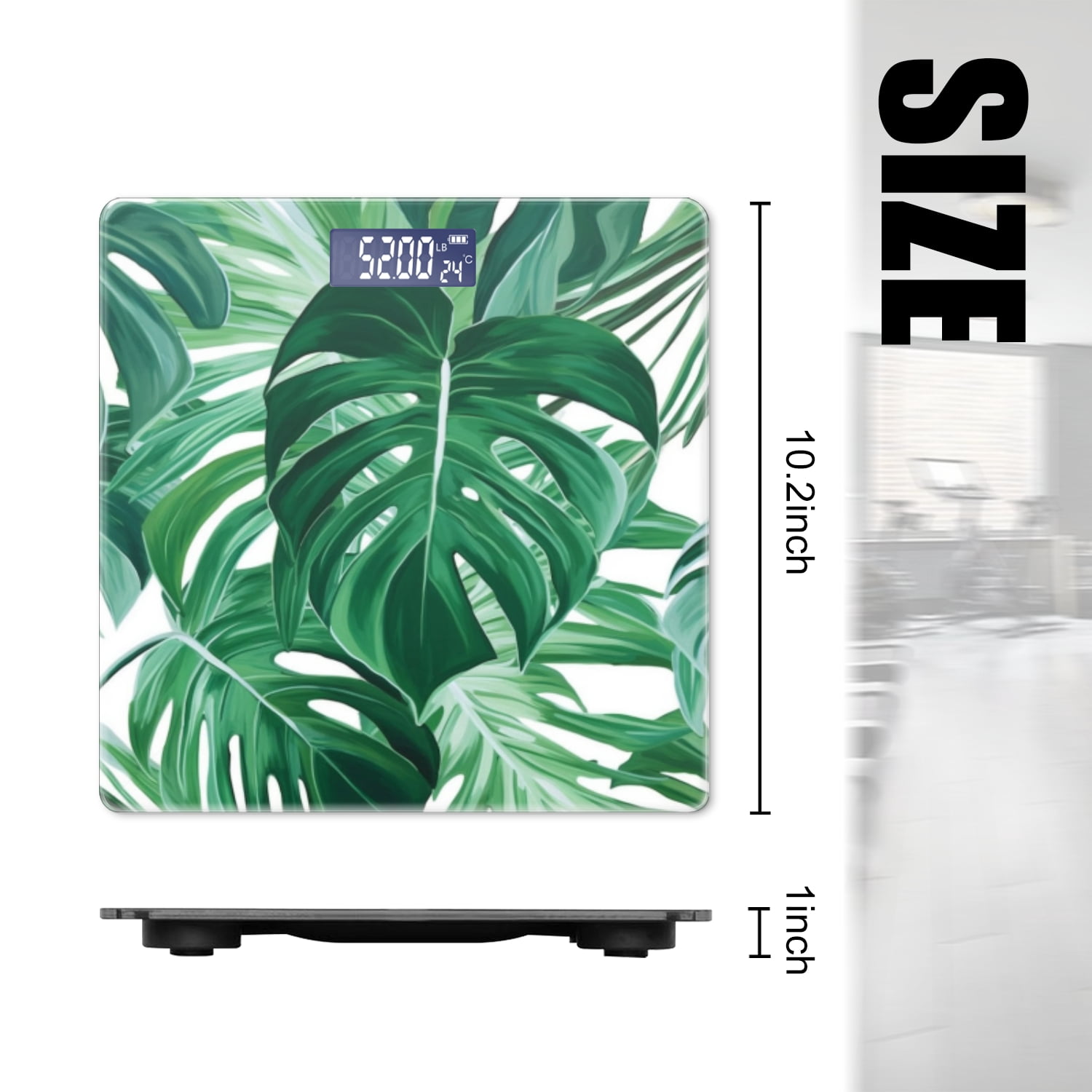 Digital Bathroom Scale with Large LCD Display,High Capacity Scale 400 lbs High Precision body fat scale-Green Leaves On White Background
