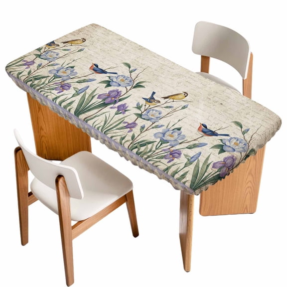 Spring Flowers Table Cloths for 5 Foot Rectangle Tables, Vintage Floral Leaves Birds Pastoral Botanical Patio Waterproof Elastic Fitted Tablecloths, Washable Rectangular Table Cover for Camping