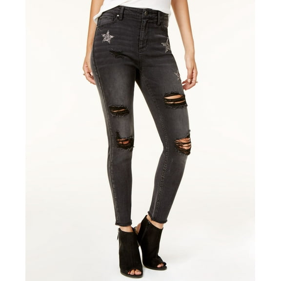 Tinseltown Juniors Embellished Ripped Skinny Jeans Black Sequin Star 1