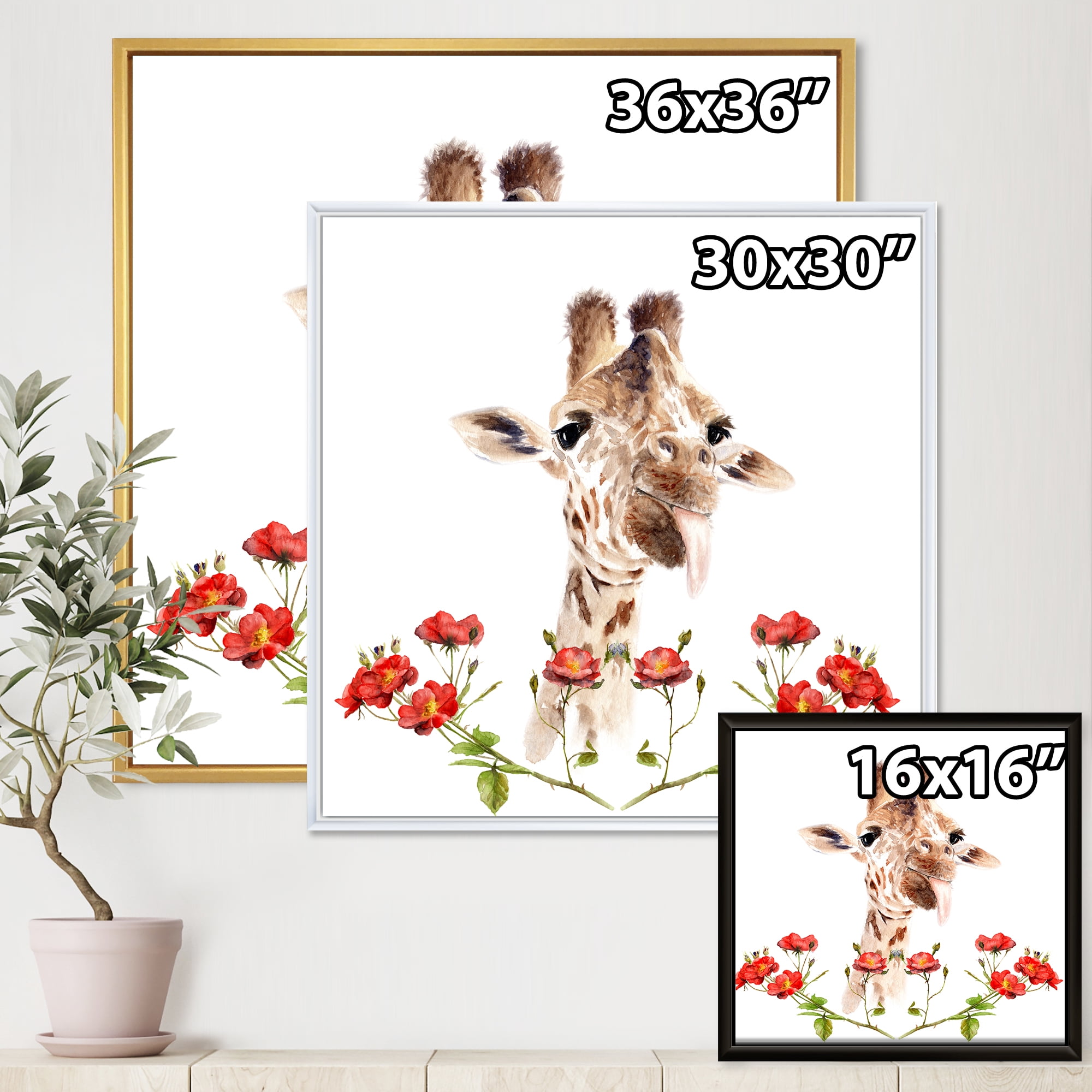 Designart 'Portrait of A Giraffe With Red Flowers I' Farmhouse Framed Canvas Wall Art Print