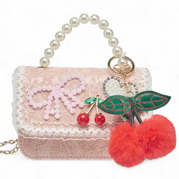 Willow  Ruby Girls' Pink Lace Mini Crossbody Bag with Pearl Handle and Cherry Charm