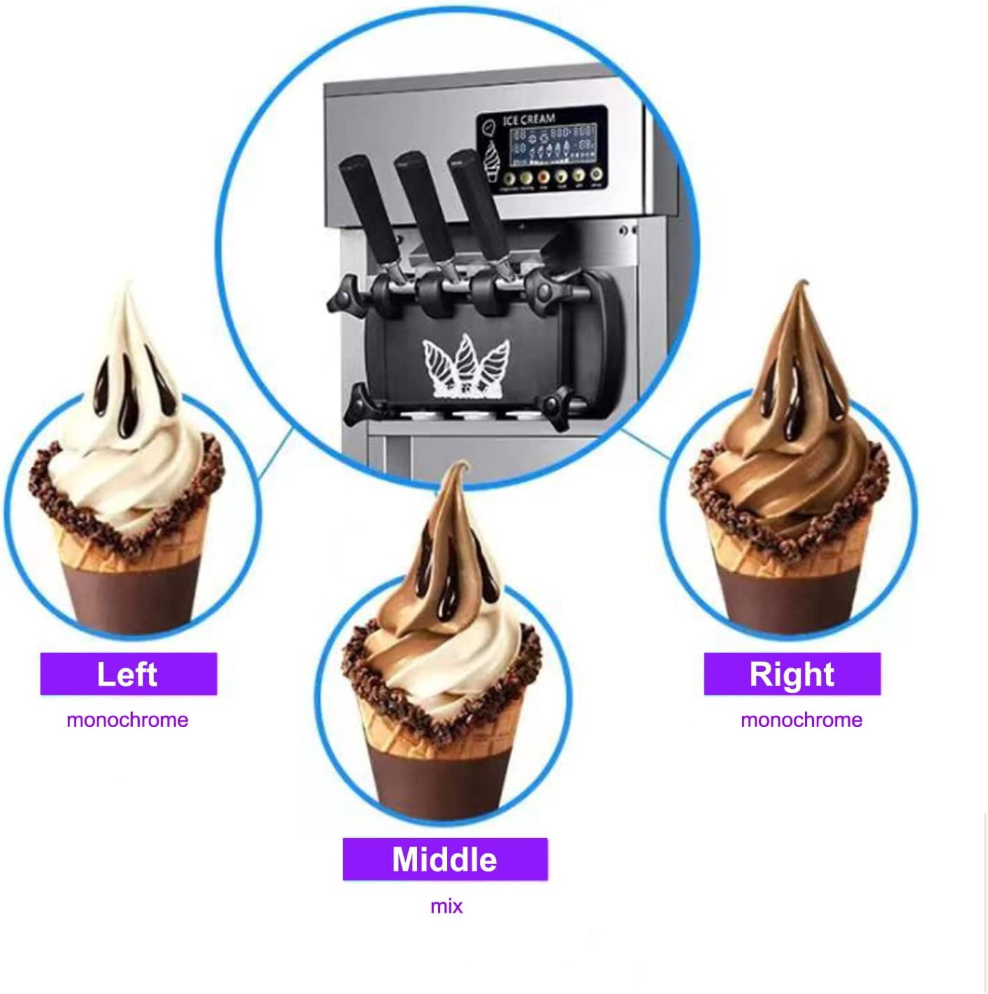 INTSUPERMAI 3 Flavors Soft Ice Cream Maker Frozen Cones Making Machine LED Display Stainless Steel 16-18L/H