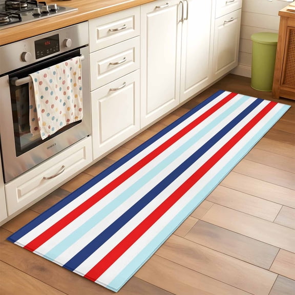 2'x6' Rug Runners for Hallways Kitchen, Blue Red Striped Non Slip Entryway Beside Floor Carpet Runner, Farmhouse Stripes Simple Art Washable Laundry Room Bedroom Throw Rugs Mat for Family Pet