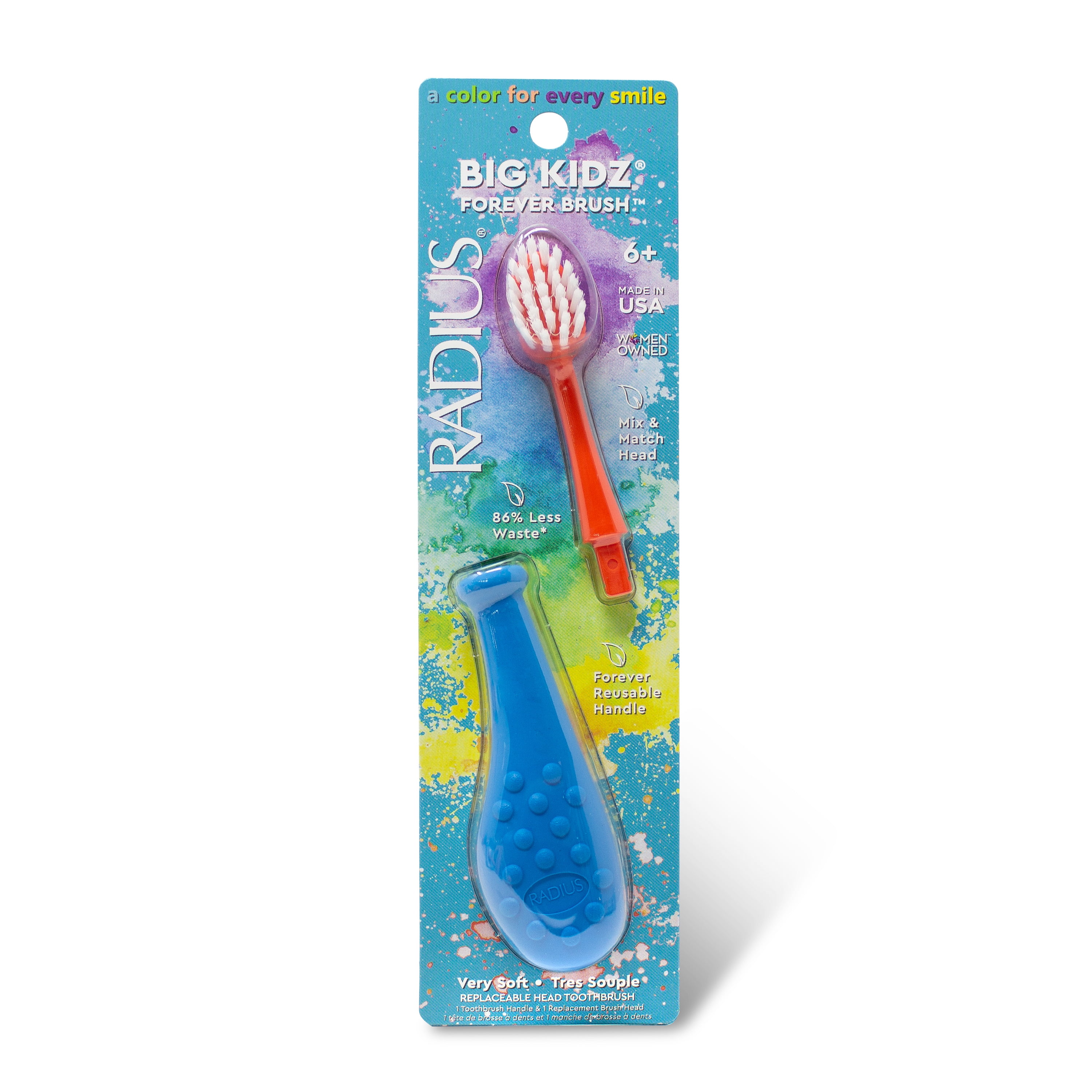 RADIUS Big Kidz Forever Brush with Replaceable Head Toothbrush for Children, 6 Years and Up, BPA Free ADA Accepted for Growing Teeth and Gums - Right and Left Handed, Extra Soft - Pack of 3