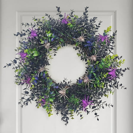 18" Halloween Wreath with Spider Decor Spooky Front Door Wreath Dark Eucalyptus Leaf Wreath for Front Door-Black