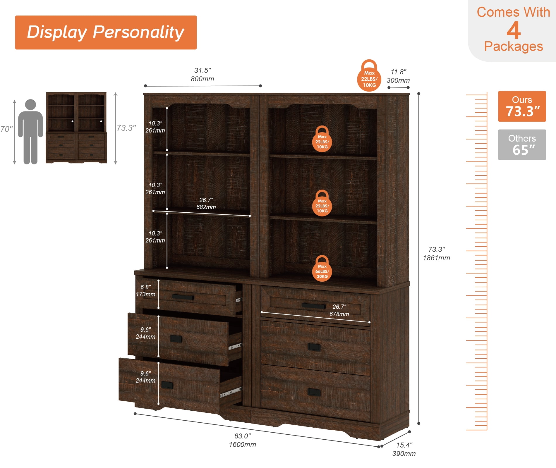 WAMPAT 2 Column 3 Tier Bookcase with Drawer,73.3" Tall Floor Standing Bookshelf,Modern Farmhouse Display Storage Cabinet with Adjustable Shelves,Rustic Brown