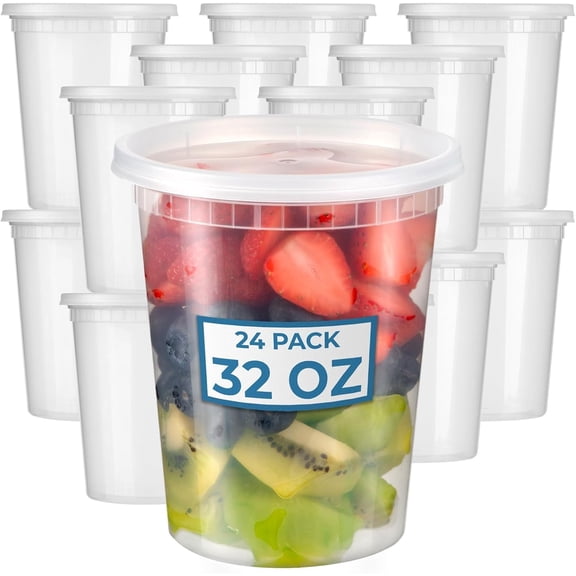 Fit Meal Prep 24 Pack 32 oz Deli Containers with Lids,Leakproof Quart Containers with Lids, Clear Plastic Food Storage Container with Lid, Microwave Freezer Safe Meal Prep Container