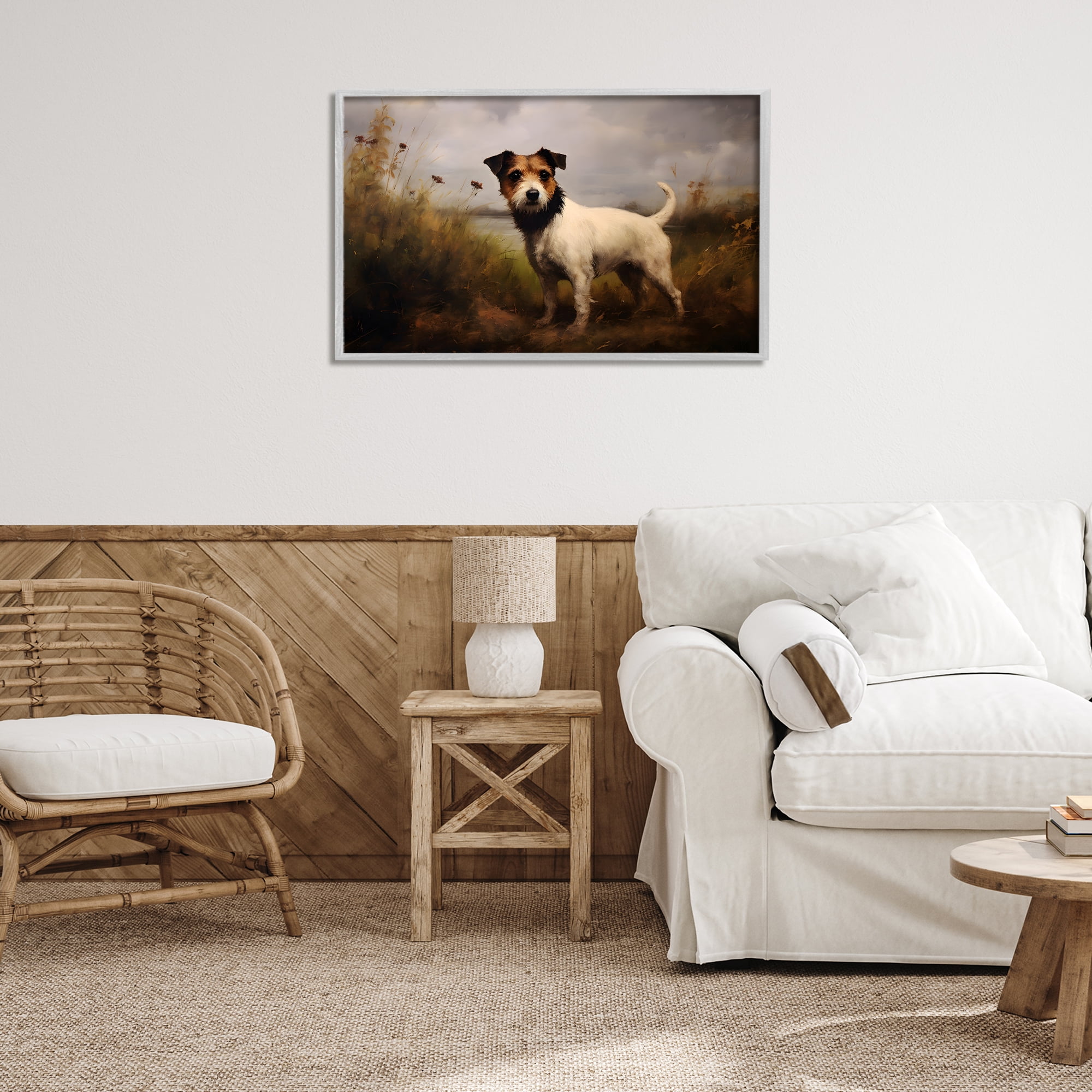 Stupell Industries Jack Russell Terrier Landscape Landscape Painting Gray Framed Art Print Wall Art, 30 x 20
