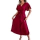 thumbnail image 3 of VISgogo Vestido casual para mujer, cuello en V, manga corta, plisado, dobladillo grande, color sólido, vestido largo con cinturón VISgogo moda, 3 of 7