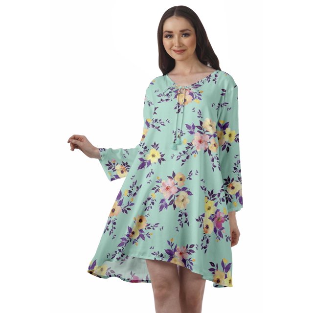 Moomaya Robe Évasée en Rayonne pour Femmes Manches Longues Imprimée Col en V Décontractée Robe de Plage pour Filles