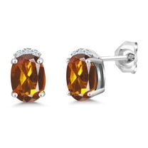 Gem Stone King 925 Sterling Silver Orange Red Madeira Citrine and White Created Sapphire Stud Earrings for Women (1.47 Cttw, Gemstone November Birthstone, Oval 7X5MM)