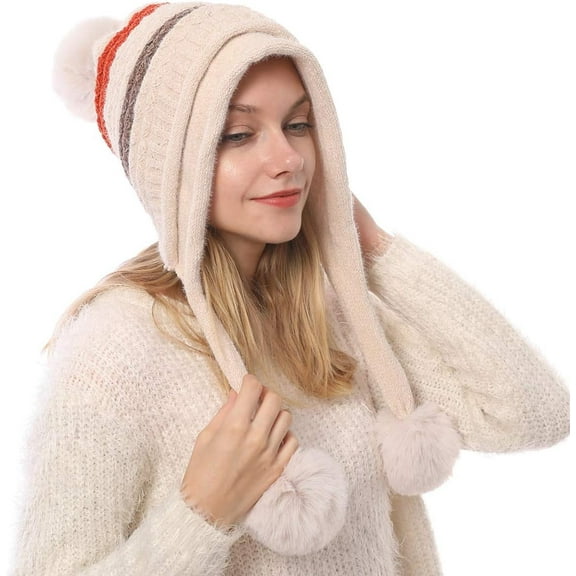 Women Winter Peruvian Cover Ears Beanie Hat Ear Flaps Sherpa Ski Snow Hats Knit Fleece Lined 3 Pom Pom