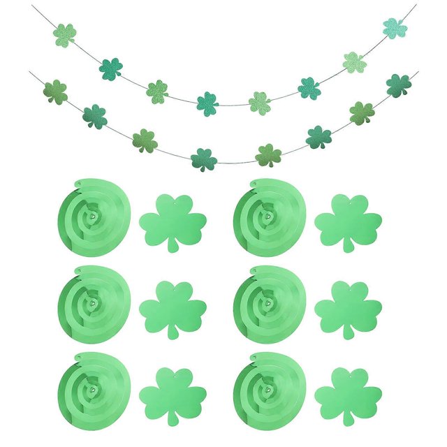 8pcs Glitter Green Shamrock Spiral Decorations for St. Patrick's Day Party Festive Indoor Outdoor Garland Set with Lucky Clover Theme