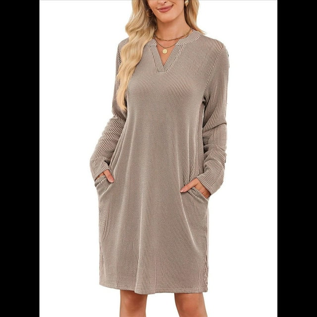 Vestido Informal de Larga con Bolsillos y Cuello en V para Mujer, Holgado, para Otoño e Invierno Caqui S